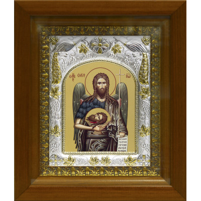 Икона освященная "Иоанн (Иван) Предтеча Креститель Господень", дерево, серебро 925 пробы, 14x18 см, в деревянном киоте 20x24 см фото