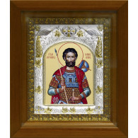 Икона освященная "Иоанн Воин мученик", дерево, серебро 925 пробы, 14x18 см, в деревянном киоте 20x24 см фото