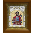 Икона освященная "Иоанн Воин мученик", дерево, серебро 925 пробы, 14x18 см, в деревянном киоте 20x24 см