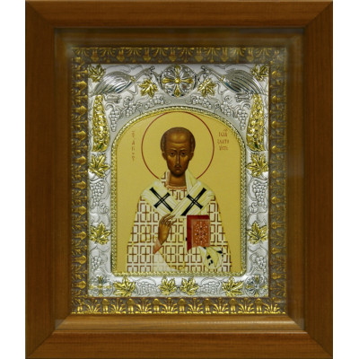 Икона освященная "Иоанн Златоуст", дерево, серебро 925 пробы, 14x18 см, в деревянном киоте 20x24 см фото