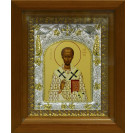 Икона освященная "Иоанн Златоуст", дерево, серебро 925 пробы, 14x18 см, в деревянном киоте 20x24 см
