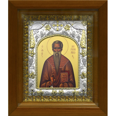 Икона освященная "Харлампий священномученик", дерево, серебро 925 пробы, 14x18 см, в деревянном киоте 20x24 см фото