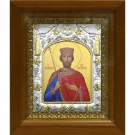 Икона освященная "Константин равноапостольный царь", дерево, серебро 925 пробы, 14x18 см, в деревянном киоте 20x24 см фото