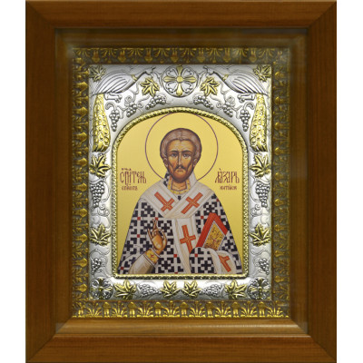 Икона освященная "Лазарь Четверодневный, Китийский, епископ", дерево, серебро 925 пробы, 14x18 см, в деревянном киоте 20x24 см фото
