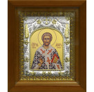 Икона освященная "Лазарь Четверодневный, Китийский, епископ", дерево, серебро 925 пробы, 14x18 см, в деревянном киоте 20x24 см