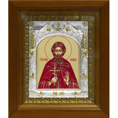 Икона освященная "св. мученик Леонид", дерево, серебро 925 пробы, 14x18 см, в деревянном киоте 20x24 см фото