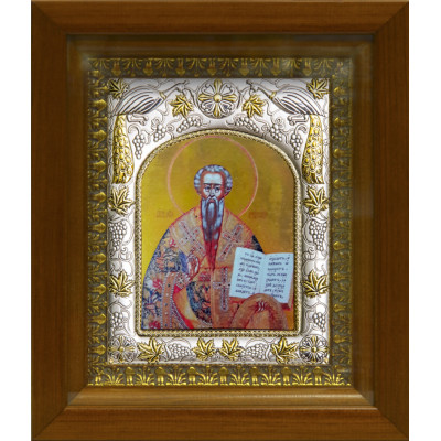 Икона освященная "Лев Катанский", дерево, серебро 925 пробы, 14x18 см, в деревянном киоте 20x24 см фото