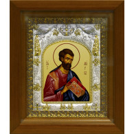 Икона освященная "Марк Апостол", дерево, серебро 925 пробы, 14x18 см, в деревянном киоте 20x24 см фото