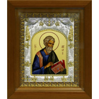 Икона освященная "Матвей, Матфей Апостол", дерево, серебро 925 пробы, 14x18 см, в деревянном киоте 20x24 см фото