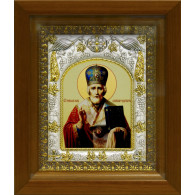 Икона освященная "Николай", дерево, серебро 925 пробы, 14x18 см, в деревянном киоте 20x24 см фото
