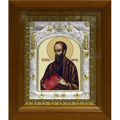 Икона освященная "Павел апостол", дерево, серебро 925 пробы, 14x18 см, в деревянном киоте 20x24 см фото