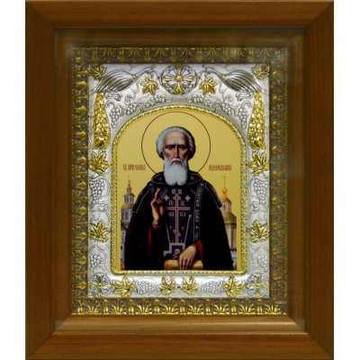 Икона освященная "Сергий Радонежский", дерево, серебро 925 пробы, 14x18 см, в деревянном киоте 20x24 см фото