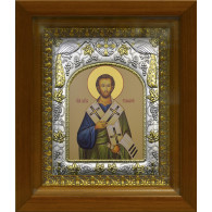 Икона освященная "Тимофей апостол", дерево, серебро 925 пробы, 14x18 см, в деревянном киоте 20x24 см фото