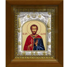 Икона освященная "Валерий Мелитинский мученик", дерево, серебро 925 пробы, 14x18 см, в деревянном киоте 20x24 см