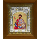 Икона освященная "Виктор Дамасский Святой мученик", дерево, серебро 925 пробы, 14x18 см, в деревянном киоте 20x24 см