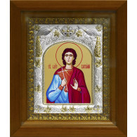 Икона освященная "Виталий Святой мученик", дерево, серебро 925 пробы, 14x18 см, в деревянном киоте 20x24 см фото