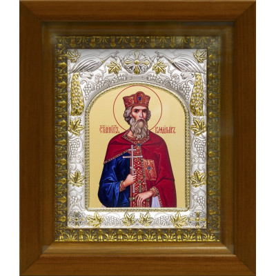 Икона освященная "Владимир равноапостольный великий князь", дерево, серебро 925 пробы, 14x18 см, в деревянном киоте 20x24 см фото