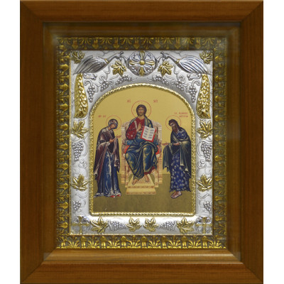Икона освященная "Спас на Престоле (Деисус)", дерево, серебро 925 пробы, 14x18 см, в деревянном киоте 20x24 см фото