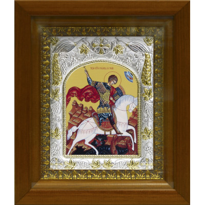 Икона освященная "Георгий Победоносец", дерево, серебро 925 пробы, 14x18 см, в деревянном киоте 20x24 см фото