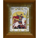 Икона освященная "Георгий Победоносец", дерево, серебро 925 пробы, 14x18 см, в деревянном киоте 20x24 см