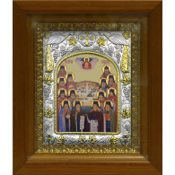 Икона освященная "Оптинские старцы", дерево, серебро 925 пробы, 14x18 см, в деревянном киоте 20x24 см фото