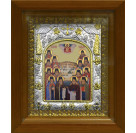 Икона освященная "Оптинские старцы", дерево, серебро 925 пробы, 14x18 см, в деревянном киоте 20x24 см