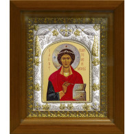 Икона освященная "Пантелеймон великомученик и целитель", дерево, серебро 925 пробы, 14x18 см, в деревянном киоте 20x24 см фото