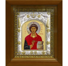 Икона освященная "Пантелеймон великомученик и целитель", дерево, серебро 925 пробы, 14x18 см, в деревянном киоте 20x24 см