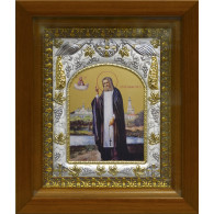 Икона освященная "прп. Серафим Саровский, чудотворец", серебро 925 пробы, 14x18 см, в деревянном киоте 20x24 см фото