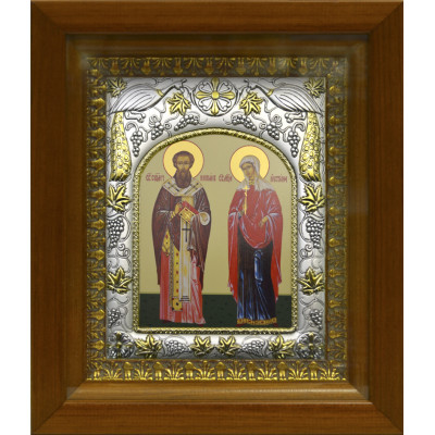 Икона освященная "Киприан и Устинья", дерево, серебро 925 пробы, 14x18 см, в деревянном киоте 20x24 см фото