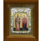 Икона освященная "Киприан и Устинья", дерево, серебро 925 пробы, 14x18 см, в деревянном киоте 20x24 см