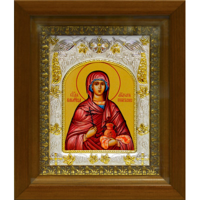 Икона освященная "Анастасия Узорешительница вмчц", дерево, серебро 925 пробы, 14x18 см, в деревянном киоте 20x24 см фото