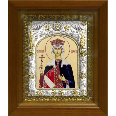 Икона освященная "Елена равноапостольная царица", дерево, серебро 925 пробы, 14x18 см, в деревянном киоте 20x24 см фото