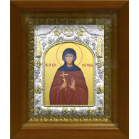 Икона освященная "св. Евгения Римская", дерево, серебро 925 пробы, 14x18 см, в деревянном киоте 20x24 см фото