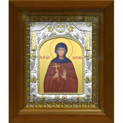 Икона освященная "св. Евгения Римская", дерево, серебро 925 пробы, 14x18 см, в деревянном киоте 20x24 см фото