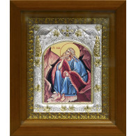 Икона освященная "Илия (Илья) Пророк", дерево, серебро 925 пробы, 14x18 см, в деревянном киоте 20x24 см фото