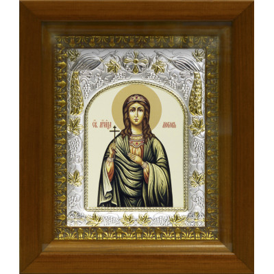 Икона освященная "Любовь мученица", дерево, серебро 925 пробы, 14x18 см, в деревянном киоте 20x24 см фото