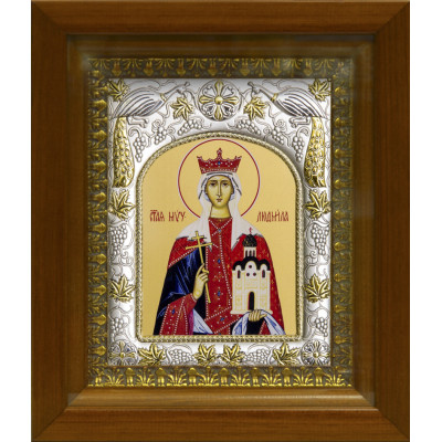 Икона освященная "Людмила мученица, княгиня чешская", дерево, серебро 925 пробы, 14x18 см, в деревянном киоте 20х24 см фото