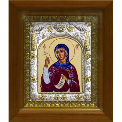 Икона освященная "Маргарита Антиохийская", дерево, серебро 925 пробы, 14x18 см, в деревянном киоте 20x24 см фото