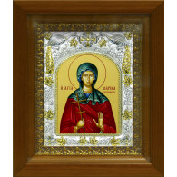 Икона освященная "Марина Великомученица", дерево, серебро 925 пробы, 14x18 см, в деревянном киоте 20x24 см фото