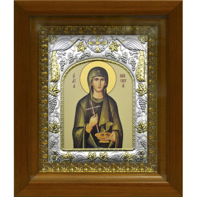 Икона освященная "Параскева Римская", дерево, серебро 925 пробы, 14x18 см, в деревянном киоте 20x24 см фото