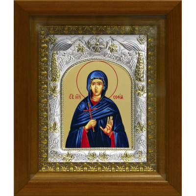 Икона освященная "София святая мученица", дерево, серебро 925 пробы, 14x18 см, в деревянном киоте 20x24 см фото