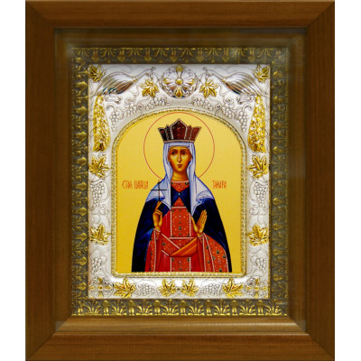 Икона освященная "Тамара благоверная царица, икона", дерево, серебро 925 пробы, 14x18 см, в деревянном киоте 20x24 см фото