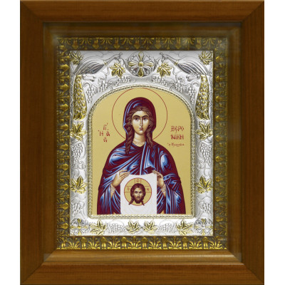 Икона освященная "Св. мученица Вероника", дерево, серебро 925 пробы, 14x18 см, в деревянном киоте 20x24 см фото