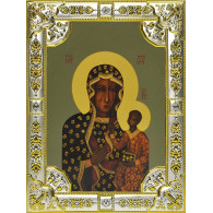 Икона освященная "Божья Матерь Ченстоховская", дерево, серебро 925 пробы, 18x24 см, со стразами фото