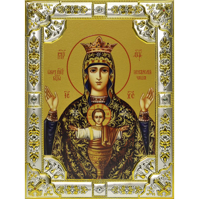Икона освященная "Божья Матерь Неупиваемая чаша", дерево, серебро 925 пробы, 18x24 см, со стразами фото