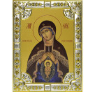 Икона освященная "В родах Помощница икона Божией Матери", дерево, серебро 925 пробы, стразы, 18x24 см