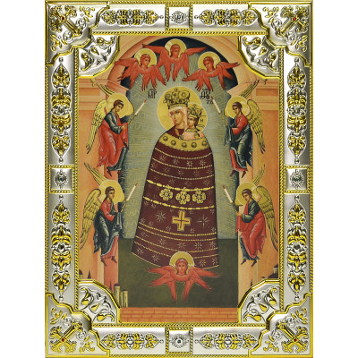 Икона освященная "Богородица Прибавление Ума", дерево, серебро 925 пробы, 18x24 см, со стразами фото