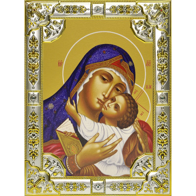 Икона освященная "Умиление икона Божией Матери", дерево, серебро 925 пробы, стразы, 18x24 см фото