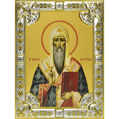 Икона освященная "Алексей Московский", дерево, серебро 925 пробы, 18x24 см, со стразами фото